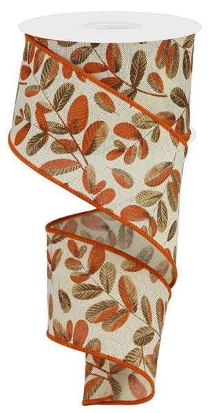 Bold Leaves on Royal Wired Edge Ribbon : Cream, Dark Brown, Light Beige, Dark Orange - 2.5 Inches x 10 Yards (30 Feet)