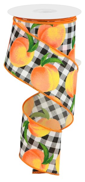 Peaches on black/white check  - 2.5 Inches x 10 Yards (30 Feet)