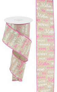 Mom Text Print Royal Wired Ribbon : Light Natural Beige, Pink, White - 2.5 Inches x 10 Yards (30 Feet)