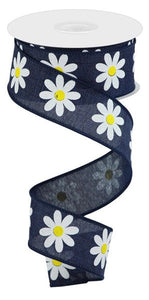 Daisy Flower Canvas Wired Ribbon: Navy Blue - 1.5 Inches x 10 Yards