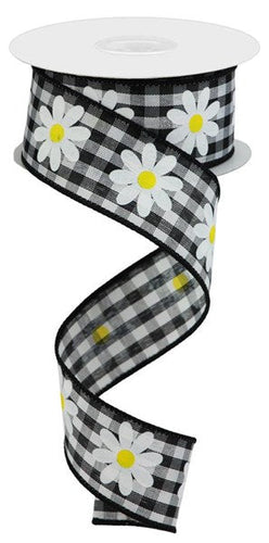 Daisy Floral Gingham on Royal Canvas Wired Ribbon: White, Black - 1.5 Inches x 10 Yards
