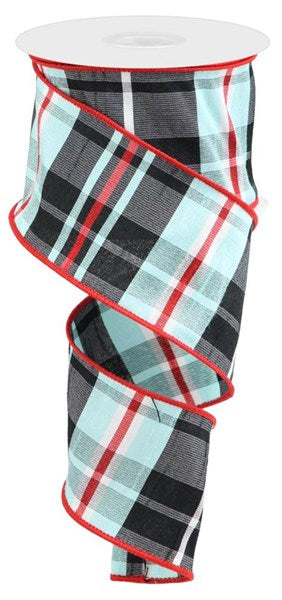 Plaid Faux Dupioni Christmas Checkered Wired Ribbon : Ice Blue, Black, Red, White - 2.5 Inches x 10 Yards (30 Feet)