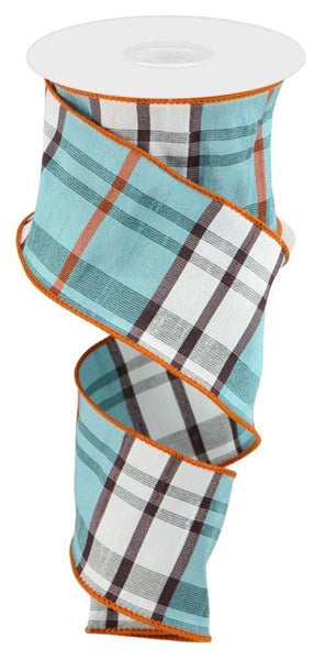 Plaid Faux Dupioni Wired Edge Ribbon : Black, White, Turquoise, Dark Orange - 2.5 Inches x 10 Yards (30 Feet)