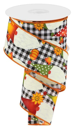 Gnome Fall Check Plaid Pumpkin Wired Ribbon : White - 2.5 Inches x 10 Yards (30 Feet)
