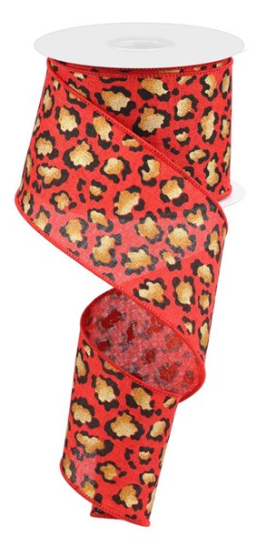 Metallic Animal Print on Canvas Wired Ribbon : Red - 2.5 Inches x 10 Yards (30 Feet)