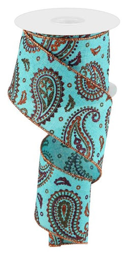 Fall Glitter Paisley Wired Ribbon : Light Teal Blue, Brown, Copper, Burgundy Red - 2.5 Inches x 10 Yards (30 Feet)