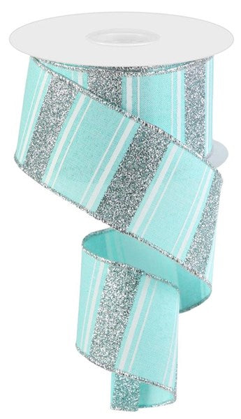 Metallic Glitter Stripe Wired Ribbon : Ice Blue, White, Silver - 2.5 Inches x 10 Yards (30 Feet)