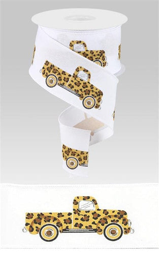 Leopard Truck on Canvas Wired Ribbon : White - 2.5 Inches x 10 Yards