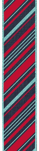 Peppermint Stripes Wired Ribbon: Navy Blue, Red, Ice Blue - 2.5 Inches x 10 Yards