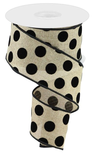 Raised Burlap Polka Dots Wired Ribbon : Black - 2.5 Inches x 10 Yards (30 Feet)