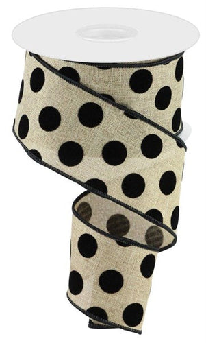 Raised Burlap Polka Dots Wired Ribbon : Black - 2.5 Inches x 10 Yards (30 Feet)