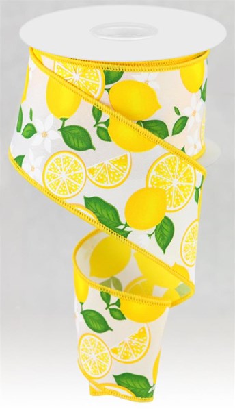 Lemon Print Wired Edge Ribbon : White, Yellow, Green - 2.5 Inches x 10 Yards (30 Feet)