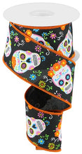 Load image into Gallery viewer, Wired Day of the Dead ribbon featuring colorful sugar skulls and vibrant flowers on a black background, perfect for wreath crafting.
