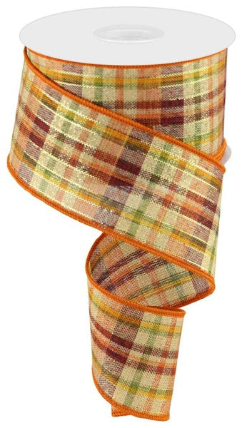 Woven Plaid Metallic Wired Ribbon : Burgundy Orange Green Cream - 2.5 inches x 10 yards (30 feet)