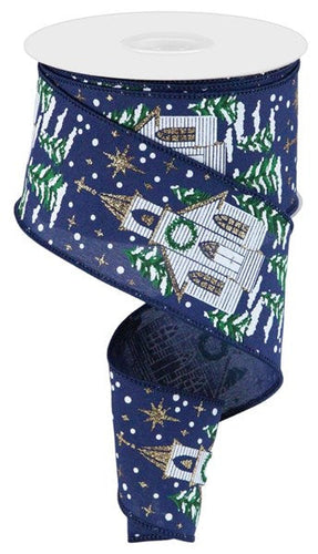 Christmas Winter Church Canvas Wired Ribbon : Navy Blue, Gold, Green, White - 2.5 Inches x 10 Yards (30 Feet)