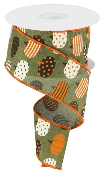 Patterned Pumpkins Canvas Wired Ribbon : Moss, Brown, Orange, Cream - 2.5 Inches x 10 Yards (30 Feet)