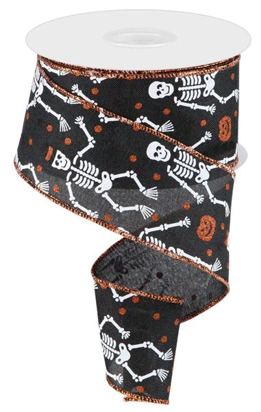 Skeleton Pumpkin Halloween Canvas Wired Edge Ribbon : Black, Orange, White - 2.5 Inches x 10 Yards (30 Feet)