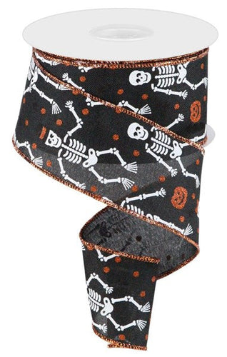 Skeleton Pumpkin Halloween Canvas Wired Edge Ribbon : Black, Orange, White - 2.5 Inches x 10 Yards (30 Feet)