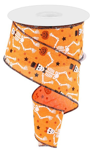 Skeleton Pumpkin Halloween Canvas Wired Edge Ribbon : Orange, White - 2.5 Inches x 10 Yards (30 Feet)