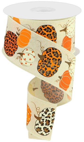 Leopard Patterned Pumpkins on Canvas Wired Ribbon : Cream, Orange - 2.5 Inches x 10 Yards (30 Feet)