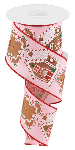 Gingerbread Man & House Wired Edge Ribbon : Light Pink - 2.5 Inches x 10 Yards (30 Feet)