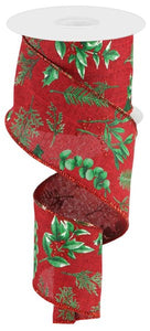 Winter Foliage Ribbon : Red, Burgundy Red, Green - 2.5 Inches x 10 Yards (30 Feet)