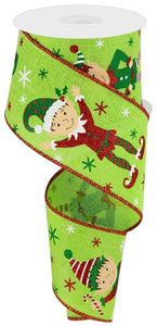 Elves on Canvas Wired Edge Ribbon : Lime, Red, Green - 2.5 Inches x 10 Yards (30 Feet)