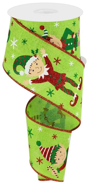 Elves on Canvas Wired Edge Ribbon : Lime, Red, Green - 2.5 Inches x 10 Yards (30 Feet)