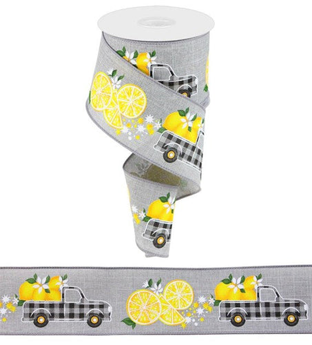 White Gingham Truck with lemons Wired Ribbon : Grey, Yellow, White - 2.5 Inches x 10 Yards (30 Feet)