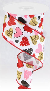 Multi Patterned Hearts on Canvas Wired Ribbon : White - 2.5 Inches x 10 Yards (30 Feet)