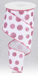 Glitter Polka Dots Royal Canvas Wired Edge Ribbon: White, Pink - 2.5 Inches x 10 Yards (30 Feet)