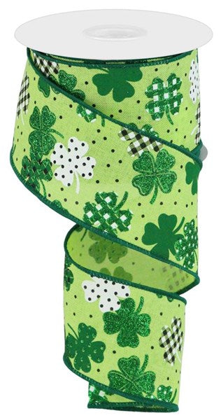 Patterned Glitter Shamrocks Wired Ribbon: Bright Green - 2.5 Inches x 10 Yards (30 Feet)