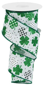 Patterned Shamrocks Wired Ribbon : Green White Black 2.5 inches x 10 yards (30 yards)