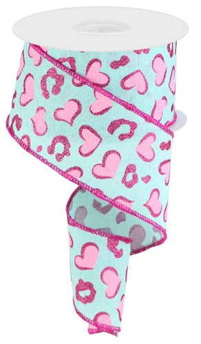 Heart Leopard Spots Royal Canvas Wired Edge Ribbon: Mint, Light Pink, Hot Pink - 2.5 Inches x 10 Yards (30 Feet)