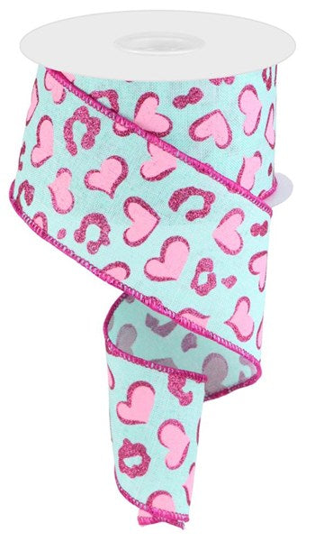 Heart Leopard Spots Royal Canvas Wired Edge Ribbon: Mint, Light Pink, Hot Pink - 2.5 Inches x 10 Yards (30 Feet)