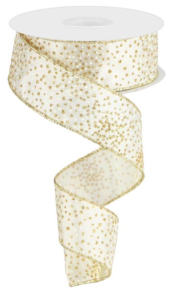 Glitter Dots Satin Wired Ribbon: Gold, Ivory - 1.5 Inches x 10 Yards (30 Feet)