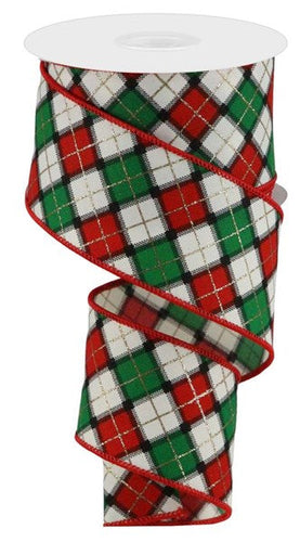 Glitter Check Diagonal Wired Edge Ribbon: Red, Ivory, Emerald, Gold - 2.5 Inches x 10 Yards (30 Feet)