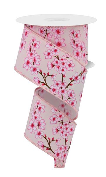 Cherry Blossoms Canvas Wired Ribbon, 10 Yards (2.5 Inches, Peach)