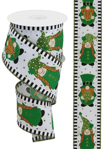 St Patrick's Day Gnomes Wired Ribbon - 10 Yards (2.5 Inches, White)