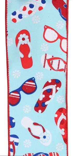 Flip Flops & Sunglasses Wired Ribbon, 10 Yards (2.5 Inches, White, Red, Blue)