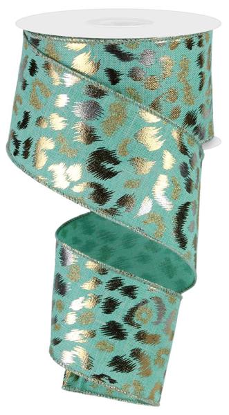 Mint Silver Gold metallic leopard print 2.5 Inches x 10 Yards (30 Feet) wired Ribbon