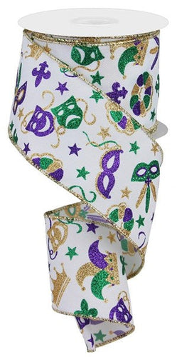 Mardi Gras Pattern Wired Ribbon : White - 2.5 Inches x 10 Yards (30 Feet)