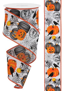 Halloween Pumpkin Skull Tree Crow Spider Canvas Wired Edge Ribbon - 10 Yards (Orange, Grey White, Black, 2.5")