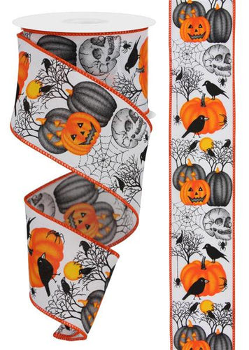 Halloween Pumpkin Skull Tree Crow Spider Canvas Wired Edge Ribbon - 10 Yards (Orange, Grey White, Black, 2.5