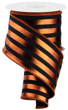 Load image into Gallery viewer, Wired Halloween ribbon with shiny orange and black stripes, perfect for festive wreaths and seasonal decorations.
