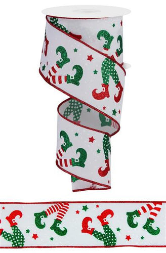 Elf Legs Wired Ribbon : White Emerald Green Red - 2.5 Inches x 10 Yards (30 Feet)