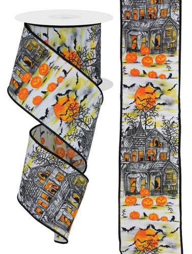 Haunted House Pumpkins Wired Ribbon : White Orange Yellow Grey Gray Black - 2.5 Inches x 10 Yards (30 Feet)