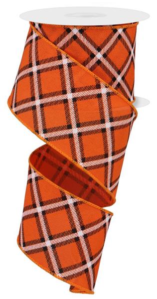 Diagonal Dash Plaid Halloween Wired Ribbon : Orange, Black, White - 2.5 Inches x 10 Yards (30 Feet)