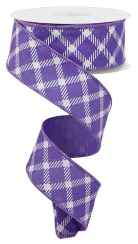 Diamond Check Faux Burlap Wired Ribbon : Dark Lavendar Whie 2.5 inches x 10 yards (30 feet)