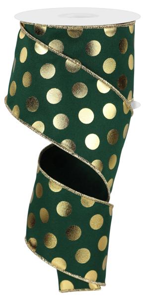 Polka Dot Wired Ribbon : Hunter Green gold - 2.5 Inches x 10 Yards (30 Feet)